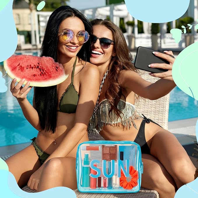 Clear Sun Bag Travel Beach Makeup Pouch 9.5" x 7" x 3.5" Large Blue Toiletry Cosmetic Bag PVC Waterproof Transparent Zippered Organizer for Women Girl Summer