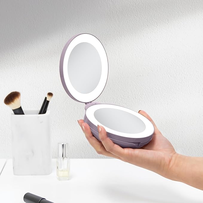 Zadro Compact Travel Makeup Mirror with Lights, 10X/1X Dual Magnification, LED Lighted Folding Design, Battery Operated Portable Mirror for Purse, Desk, or Travel Use (Cinnamon Slate)