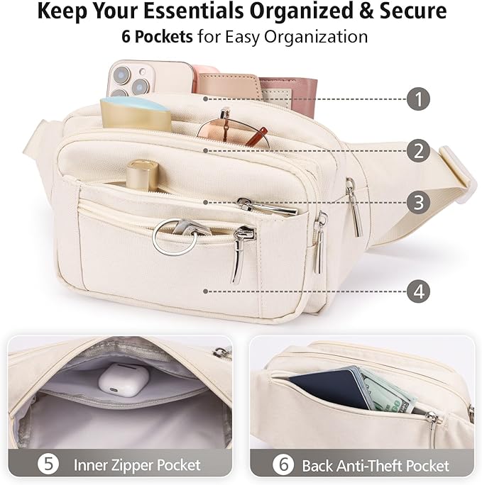 Packism Fanny Packs for Women Men - 6 Pockets Large Crossbody Waist Bag with Adjustable Strap Belt Bag for Travel Running Hiking
