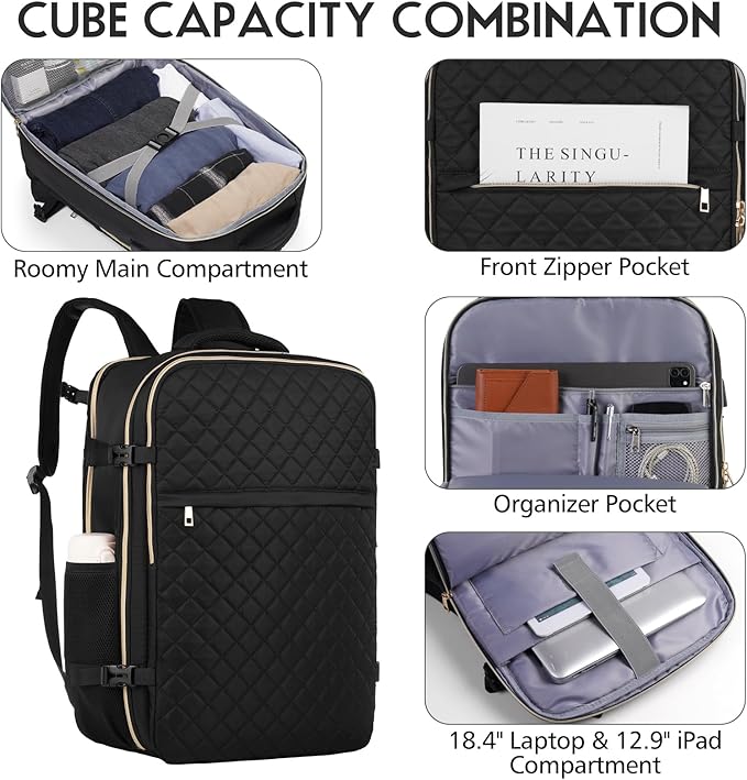MOMUVO Large Travel Backpack Women, Flight Approved Carry On Backpack with 3 Packing Cubes, Water Resistant Anti-Theft Large Book Bag Fit 18.4 Inch Laptop with USB Charging Port, Black