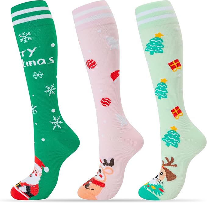 fenglaoda 3 Pairs Compression Socks for Women & Men Knee High Nurse Pregnant Cute Medical Running Travel Athletic