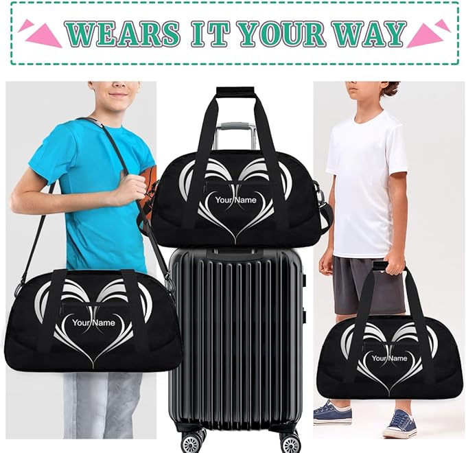Custom Name Black White Hearts Men & Women Gym Travel Duffle Bag， Personalized Sports Bag for Overnight, Weekender, Carry On，18.9 * 8.7 * 10.6 in