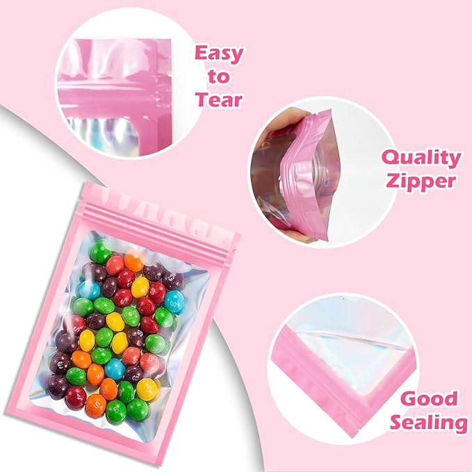 300 Pcs Holographic Mylar Bags, 3 Size Smell Proof Bags with Clear Window Foil Pouch Bags Resealable Bags for Small Business and Food Storage, Pink