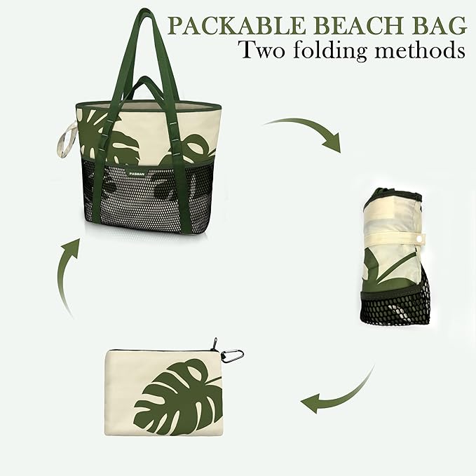 Large Beach Bag with Zipper-8 Pockets Sandproof Beach Tote Bag for Women,Foldable Lightweight Family Swim Bag Vacation