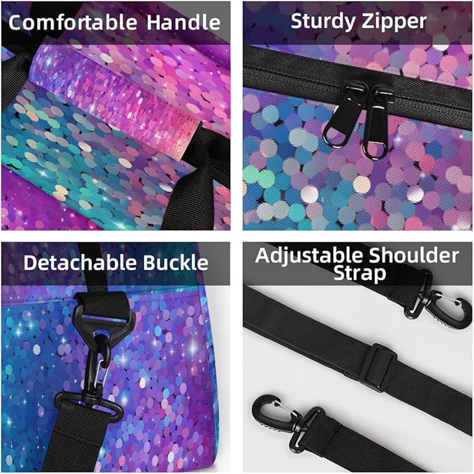 Gym Bag for Women Men, Pink And Blue Sequins Travel Duffle Bags for Dance Ballet Overnight, Carry-On Weekender Bag with Detachable Shoulder Strap