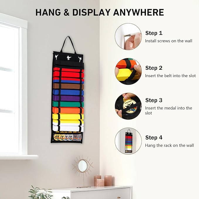 12 Belts Karate Belt Display Rack, Felt Taekwondo Belt Display, Martial Art Belt Display Holder for Martial Art Learner