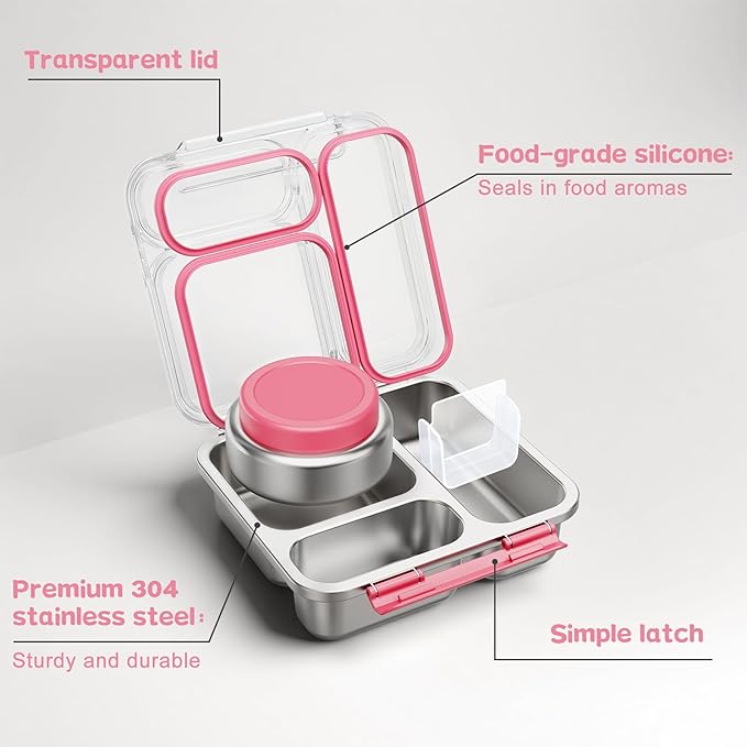 Stainless Steel Bento Box Kids Adult with 7oz Insulated Food Jar, Transparent Lid Metal Lunch Box With Soup Thermal Jar, Lunch Box Container with Removable Divider & Sauce Cup School (Pink)