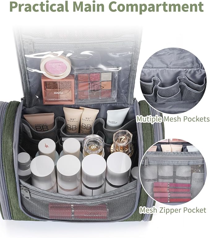 Narwey Hanging Toiletry Bag for Women Travel Makeup Bag Organizer Toiletries Bag Men for Cosmetics Essentials Accessories (Large, Army Green)