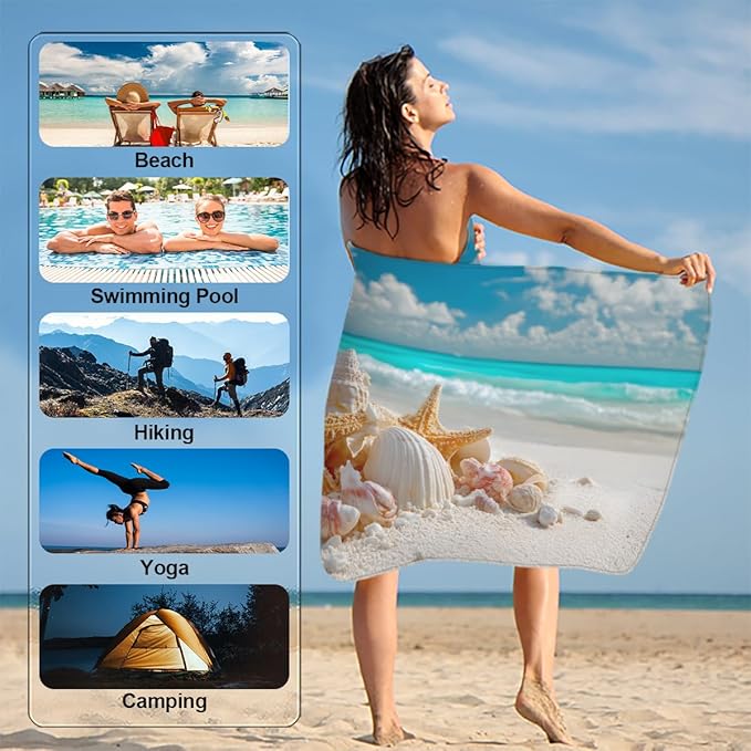 Blue Sky Seaside Shells Beach Towel, Large Microfiber Quick Dry Lightweight Pool Bath Towels Sand Free Beach Blanket for Summer Cruise Yoga Camping Travel Vacation Essentials 31 x 61 in