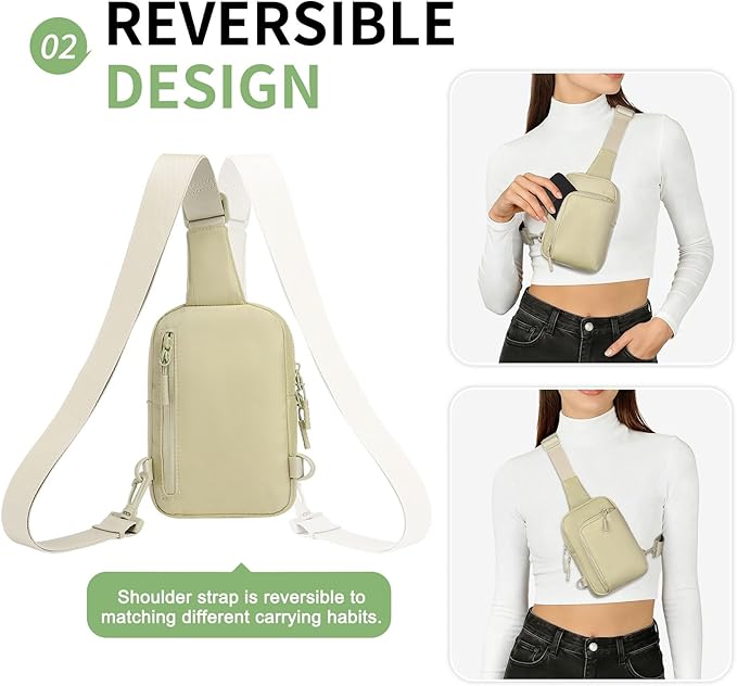 Mini Sling Bag for Men Women, Small Travel Fanny Packs Crossbody Anti Theft Reversible Nylon Chest Bag for Running Hiking (Khaki)