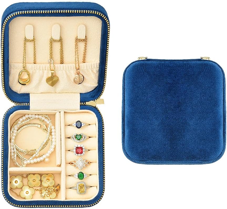 TAIMY Plush Velvet Travel Jewelry Box, Small Travel Jewelry Case, Portable Mini Jewelry Travel Organizer Boxes for Rings Earrings Necklaces Bracelets(Navy Blue,No Mirror)