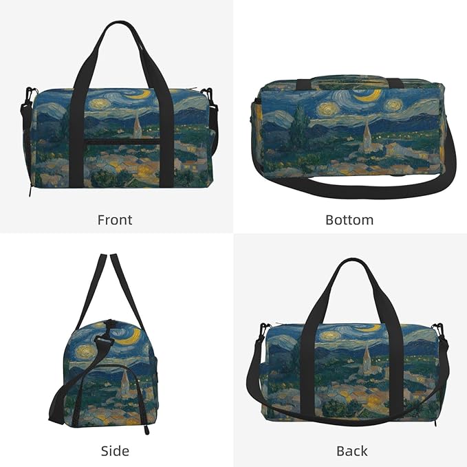 Sports Gym Bag Oil Painting Starry Art Travel Duffel Bag With Shoe Compartment Shoulder Strap, Lightweight Water-Resistant Weekend Overnight Totes For Women Men