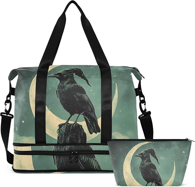 AIXIWAWA Duffel Bag Set for Gym Travel with Shoes Compartment Toiletry Bag Crow Moon Print