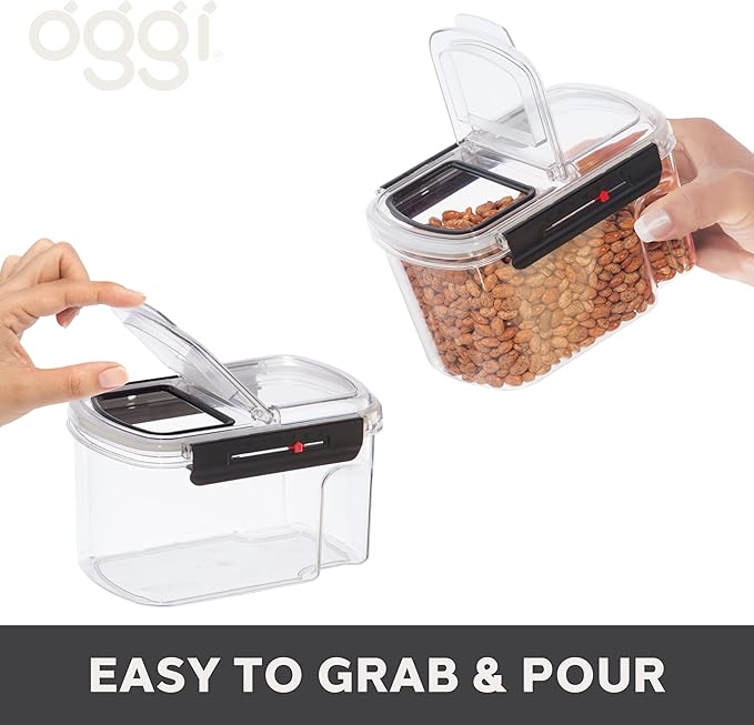 Oggi Easi Grip 60oz Moisture Proof Storage Container, Ultra Clear BPA-Free Sealable Canister, Flip Open Pouring Lid, Date Reminder Slider on Clip, Ideal Cereal Dispenser (60oz / 1.8lt)