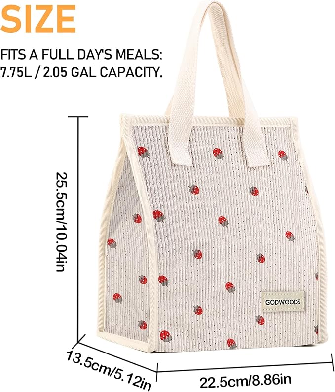 TELLUMO Corduroy Lunch Bag for Women Men Cute Lunch Bag Insulated Lunch Box with Large Capacity (7.5L) Reusable Lunchbag for Work, Picnic, Beach or Travel (S- Corduroy Strawberry)