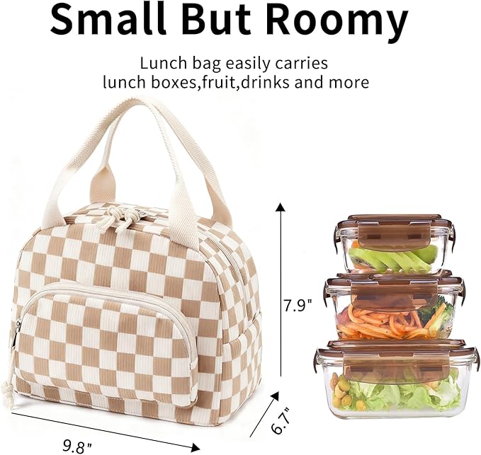 Lunch Bag Women Lunch Box for Women Adult Cute Insulated Lunch Bag Small Cooler Lunch Tote Bags for Work Picnic School (Beige-Brown Plaid)