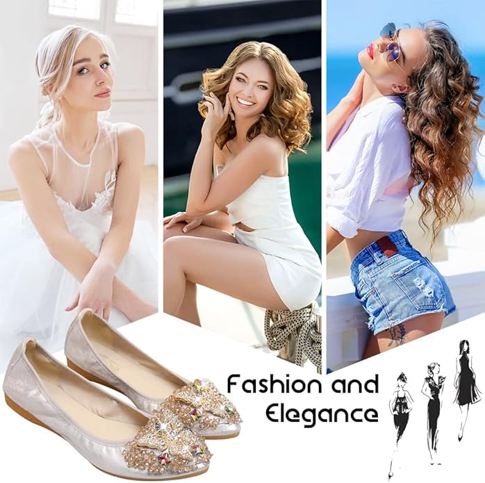 KUNWFNIX Women Ballet Flats Rhinestone Wedding Ballerina Shoes Foldable Sparkly Comfort Slip on Flat Shoes