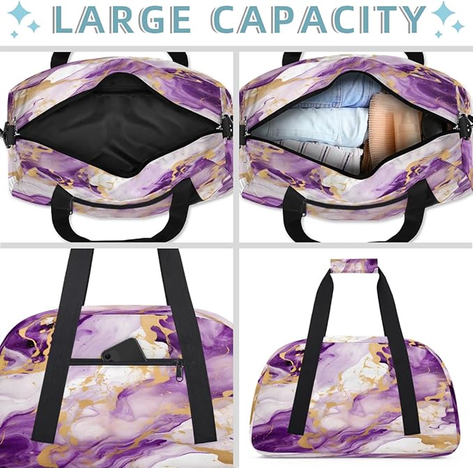 Gym Bag for Women Men, Purple And Gold Marble Travel Duffle Bags for Dance Ballet Overnight, Carry-On Weekender Bag with Detachable Shoulder Strap