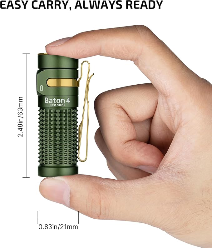 OLIGHT Baton4 Rechargeable EDC Flashlight, Bright Small Flashlight 1300 Lumens with MCC Charging Cable, IPX8 Waterproof, Multiple Modes Pocket Light for Home, Camping, and Emergencies (OD Green)