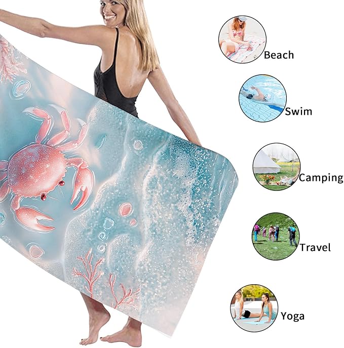 Ocean Blue Crab Microfiber Beach Towel, Quick Dry Sand Free Lightweight Bath Towel, Travel Essentials for Pool Picnic Camping Outdoor 70x35 Inch