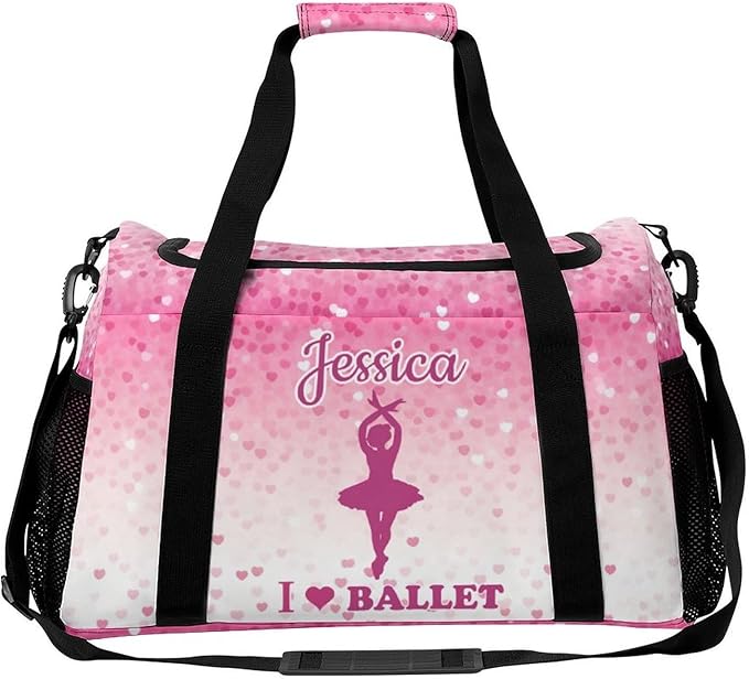 Pink Love Ballet Glitter Ombre Print Personalized Travel Bag with Name Lightweight Luggage Duffle Water-Resistant Gym Bag with Adjustable Strap for Men & Women
