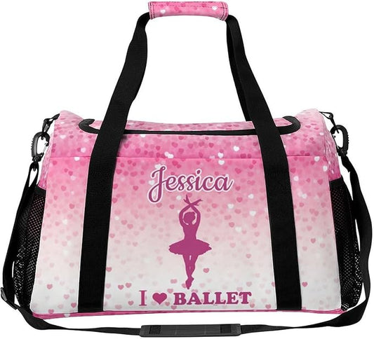 Pink Love Ballet Glitter Ombre Print Personalized Travel Bag with Name Lightweight Luggage Duffle Water-Resistant Gym Bag with Adjustable Strap for Men & Women
