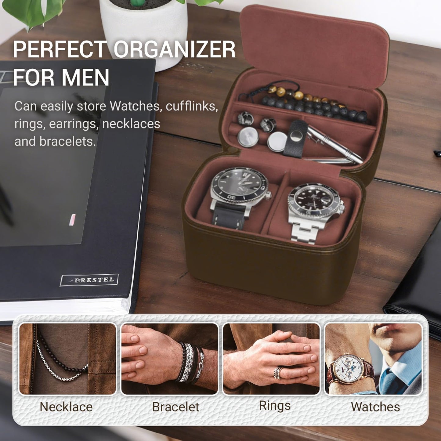 CONBOLA 2 Watch Travel Case for Men with Accessory Compartment,Compact Watch Box for Men Jewelry Case with Microsuede Interior,PU Leather Protect Fits Watches & Smartwatches Up to 55mm. (Brown)