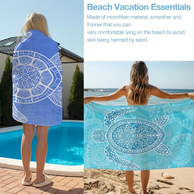 2 Pack Ocean Sea Turtle Beach Towel Microfiber Soft Thin Lightweight Quick Dry Oversized Swim Towels Beach Accessories Cruise Vacation Necessities for Bath Pool Camping Travel 32x71 inch