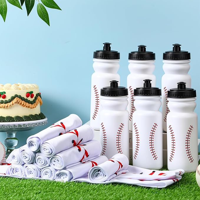 24 Pcs Sport Party Favors Include 12 Pcs 20 oz Plastic Soccer Football Basketball Water Bottles Bulk 12 Pcs 40"x12" Softball Baseball Cooling Towels for Soccer Sport Team Gift