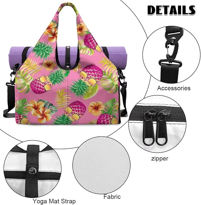 Gym Bag with Shoes Compartment, Pineapple Gym Bags for Women with Yoga Mat, Detachable Strap, Ventilated Lightweight Overnight Bag