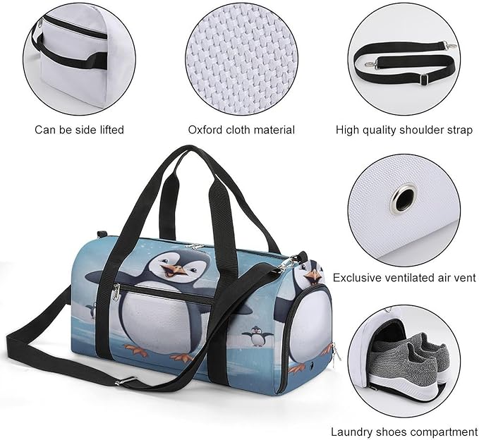 Oxford Cloth Happy Penguin Gym Bag,Duffle Bag with Shoes Compartment And Adjustable Shoulder Straps，Weekender Bags for Men Women.