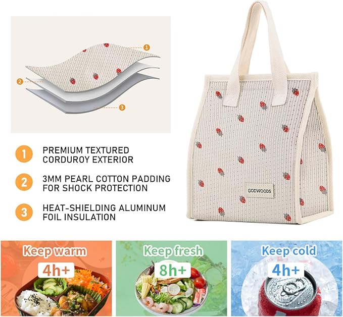 TELLUMO Corduroy Lunch Bag for Women Men Cute Lunch Bag Insulated Lunch Box with Large Capacity (7.5L) Reusable Lunchbag for Work, Picnic, Beach or Travel (S- Corduroy Strawberry)
