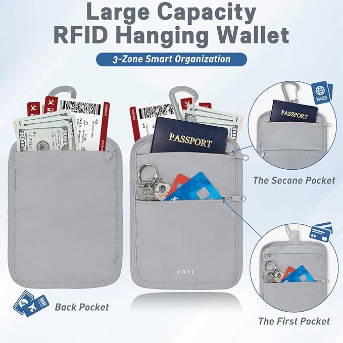 RFID Hidden Travel Wallet Belt Wallet – Large Capacity Passport Holder & Hidden Money Pouch, 3-Zone Organizer Anti-Theft Waist Wallet with Dual Clip Belt & Carabiner