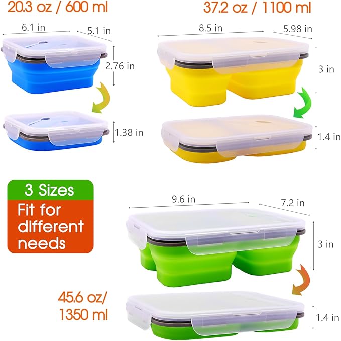 Set of 3 Collapsible Silicone Bento Lunch Boxes With Lids Spoon Fork, Divided Compartments Food Storage Containers, Safe in Microwave, Dishwasher and Freezer, BPA Free (Assorted 3PCS)