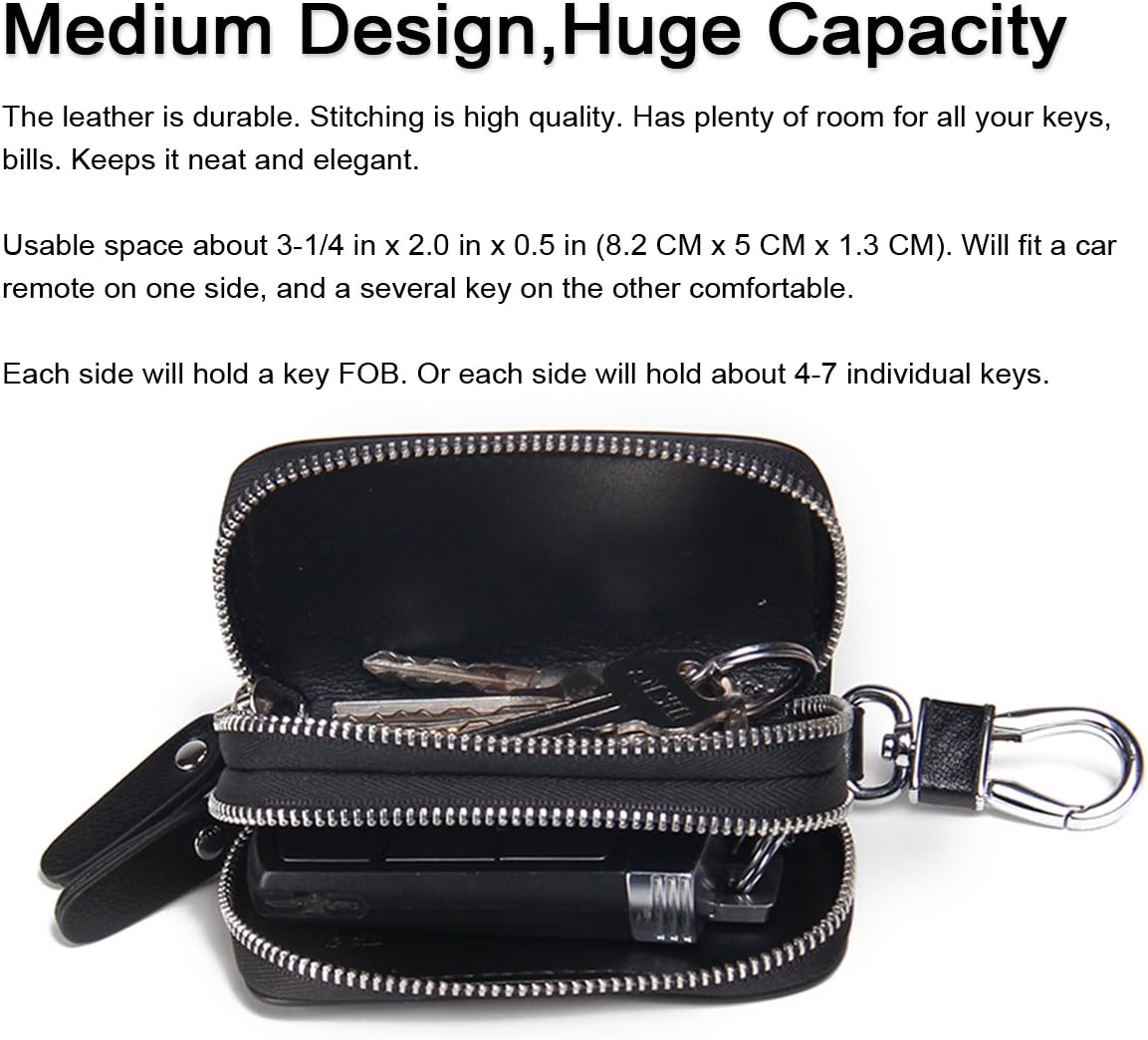 CONTACTS Car Key Case Small Leather Double Zipper Key Holder with 4 Keyrings Keys Organizer for Men Women