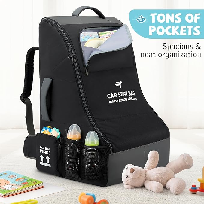 RAINSMORE Car Seat Travel Bag for Airplane Padded Carseat Backpack Heavy-duty Car Seat Cover for Air Travel Infant Car Seat Carrier Bag with Shoulder & Waist Strap, Fits Most Car Seat & Booster Seats