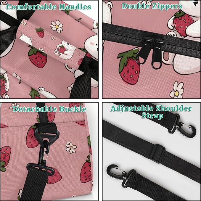 Strawberry Bear Gym Travel Duffle Bag for Women & Men with Front Zipper Pocket for Sports, Overnight, Weekender, Carry On,Workout & Dance Bag,Cute Strawberry Bear,18.9 * 8.7 * 10.6 in