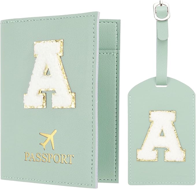 PATIKIL Passport Holder for Travel, Initial Passport Cover and Luggage Tag Set with Alphabet Chenille Letter Patch Travel Wallet Bag Suitcase Identifier for Women Family Travel Green A