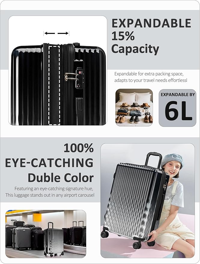 Checked 22 inch Carry on Luggage, ABS+PC Hardshell Suitcase Lightweight Large Travel Luggage with Spinner Wheels & TSA Lock