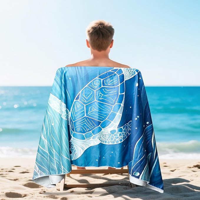 Sea Turtle Magnetic Beach Towel - 75"x30" Sand Free Quick Dry Microfiber Towel with Built-in Magnets Lightweight for Beach Chair Car Door Pool Travel Camping Yoga with Storage Bag