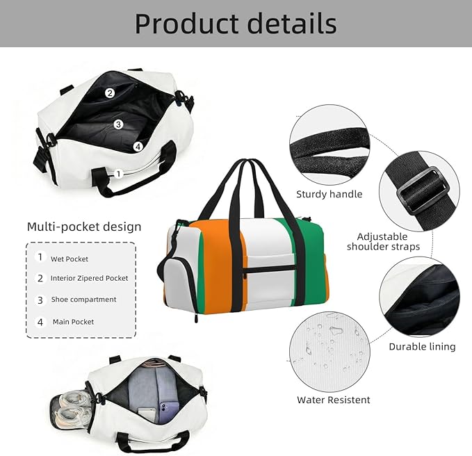 Flag of Cote d'Ivoire Print Gym Bag with Shoe Compartment for Women Men, 17.7in Sports Duffle Weekender Tote, Overnight Travel Duffel Bag Carry On