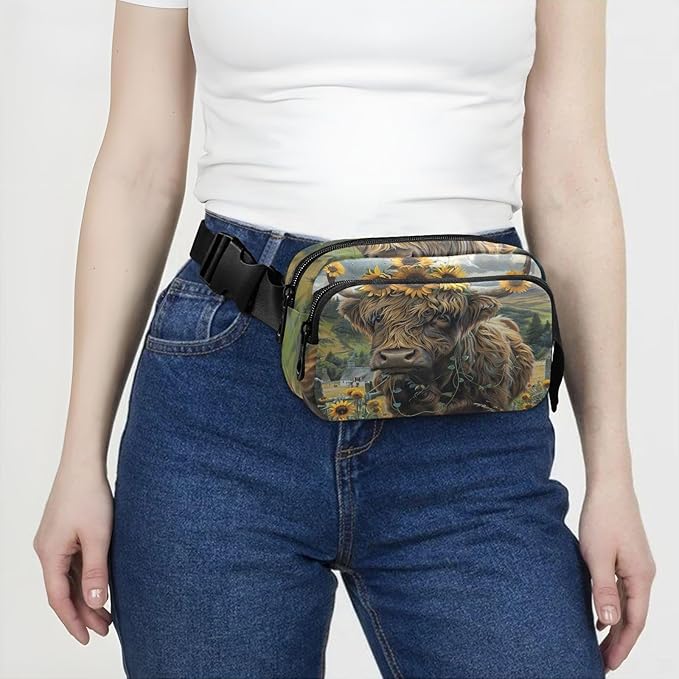 Highland Cow Sunflowers Fanny Pack for Women Men Water Resistant Fashion Waist Packs with Adjustable Strap Belt Bag for Travel Workout Jogging Hiking 21220115