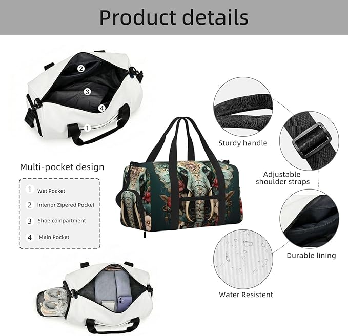 Sports Gym Bag Ethnic Elephant Floral Animal Travel Duffel Bag With Shoe Compartment Shoulder Strap, Lightweight Water-Resistant Weekend Overnight Totes For Women Men