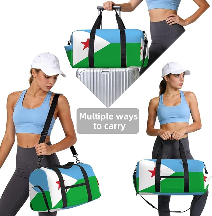 Flag of Djibouti Print Gym Bag with Shoe Compartment for Women Men, 17.7in Sports Duffle Weekender Tote, Overnight Travel Duffel Bag Carry On