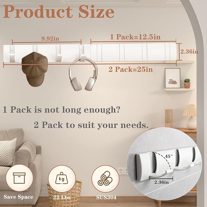 Folding Coat Hooks, Wall Mounted Coat Rack with 8 Retractable Hooks, Heavy Duty Towel Rack for Bathroom Wall Hook for Hanging Clothes Bathrobe, Stainless Steel Coat Hanger for Entryway(White)