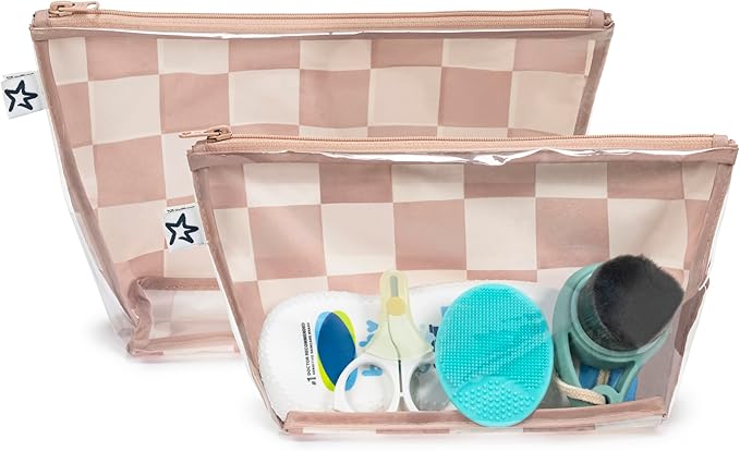 Tiny Twinkle Diaper Bag Organizing Pouches | 2 Pack Mess-Proof Travel Organizer Bags with Structured Bottom & Clear Front | TSA Approved Toiletry Bag Set for Baby and Mom Essentials (Beige Checkers)