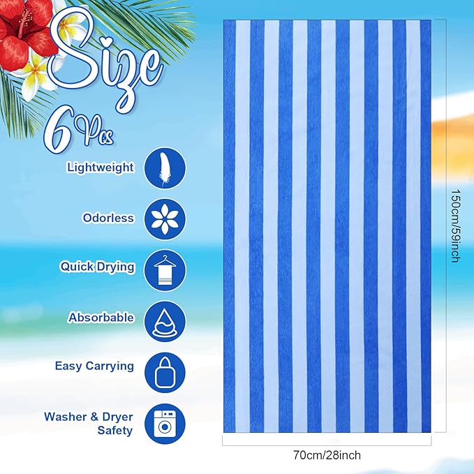 Peryiter 6 Pcs Oversized Microfiber Beach Towels 59 x 28 Inch Large Quick Dry Pool Towels Absorbent Camping Travel Blanket Set for Women Men Bath Beach (Stripe Style,28 x 59 Inch,Light and Dark Blue)