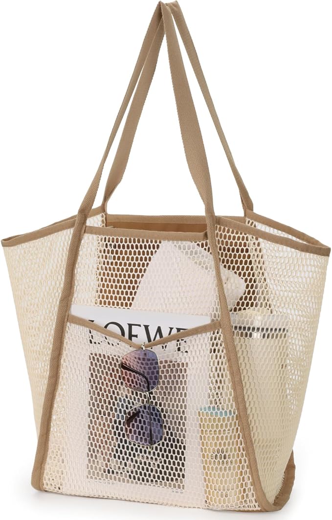 F-color Mesh Beach Bag Family - Large Tote Bag 9 Pockets for Swim Pool Toys Cruise Beach Vacation Essentials