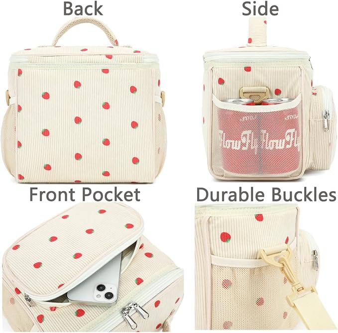 FlowFly Insulated Reusable Lunch Bag Adult Large Lunch Box for Women and Men with Adjustable Shoulder Strap,Front Zipper Pocket and Dual Large Mesh Side Pockets, Corduroy Strawberries Beige