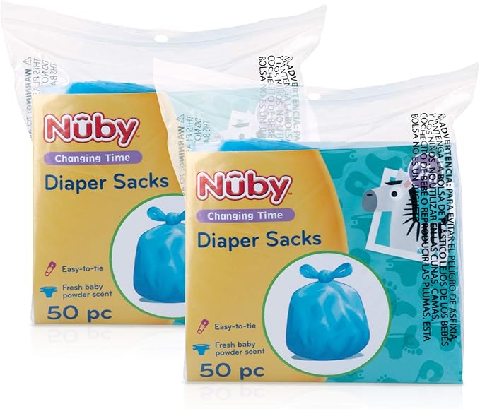 Nuby Diaper Disposable Bags, Fresh Baby Powder Scent, 2 Pack (50 Count Each Pack)